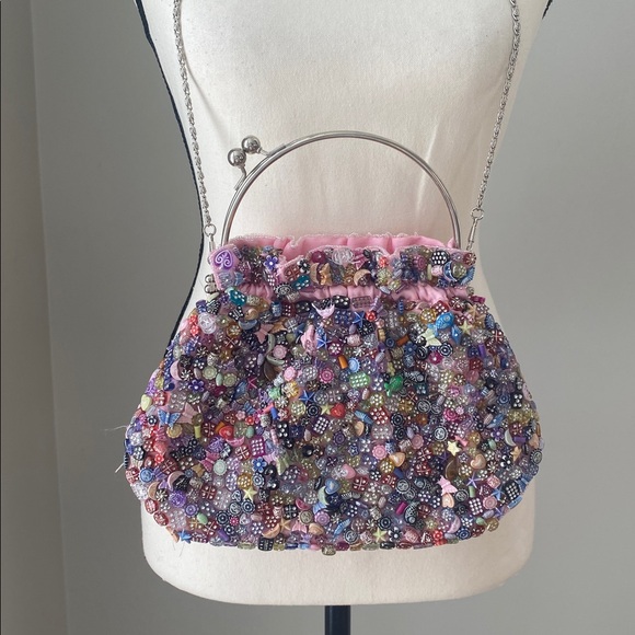 La Viola Handbags - Vintage La Viola fun beaded crossbody handbag kiss closure pink sateen quirky